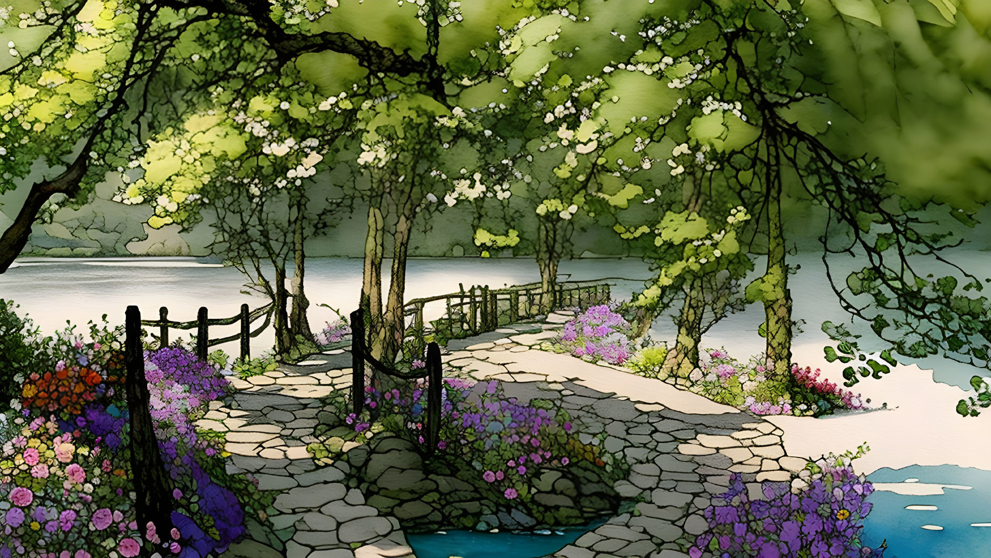 Tranquil garden pathway with vibrant flowers and lake