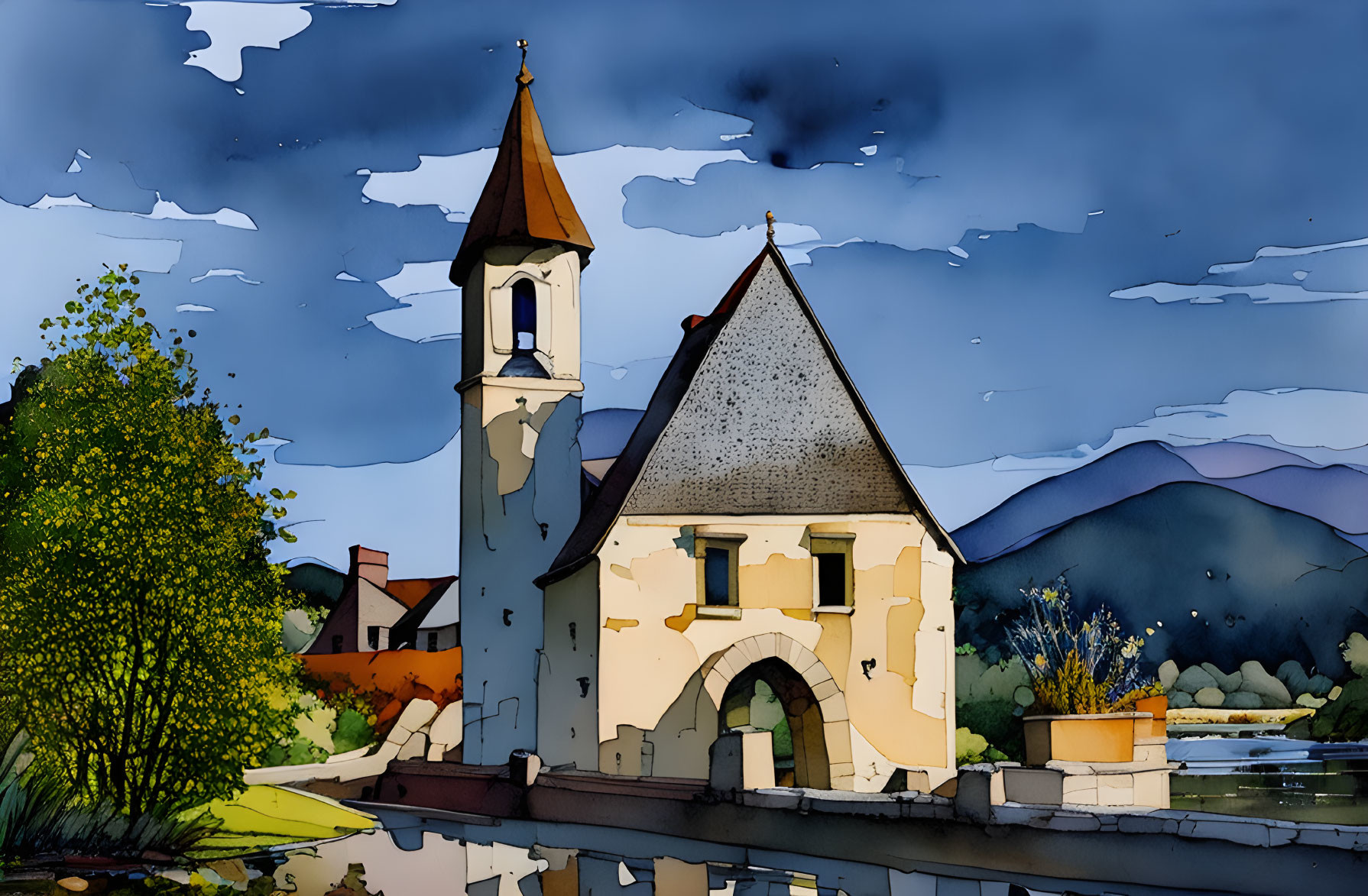 Colorful village church illustration by river with mountains and moody sky