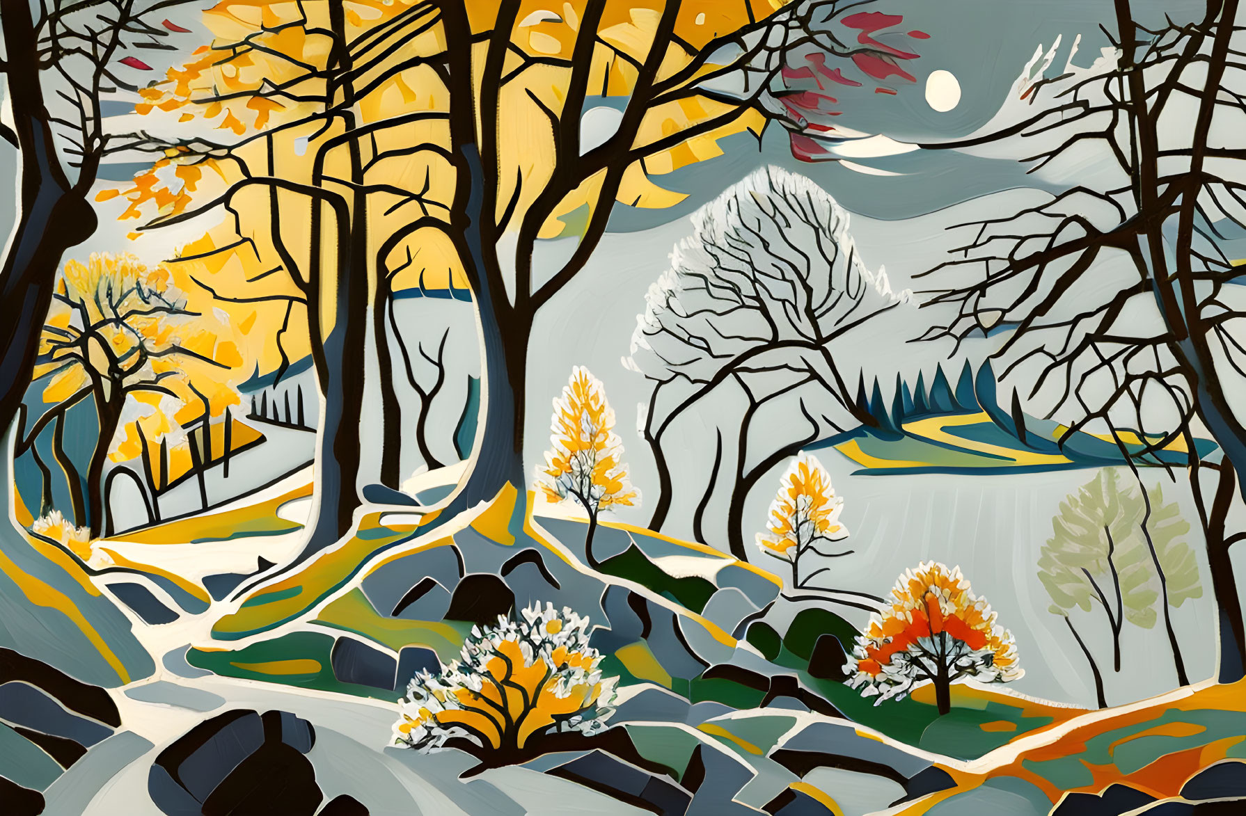 Graphic Art Style Landscape with Trees, River, and Sun in Autumn Theme