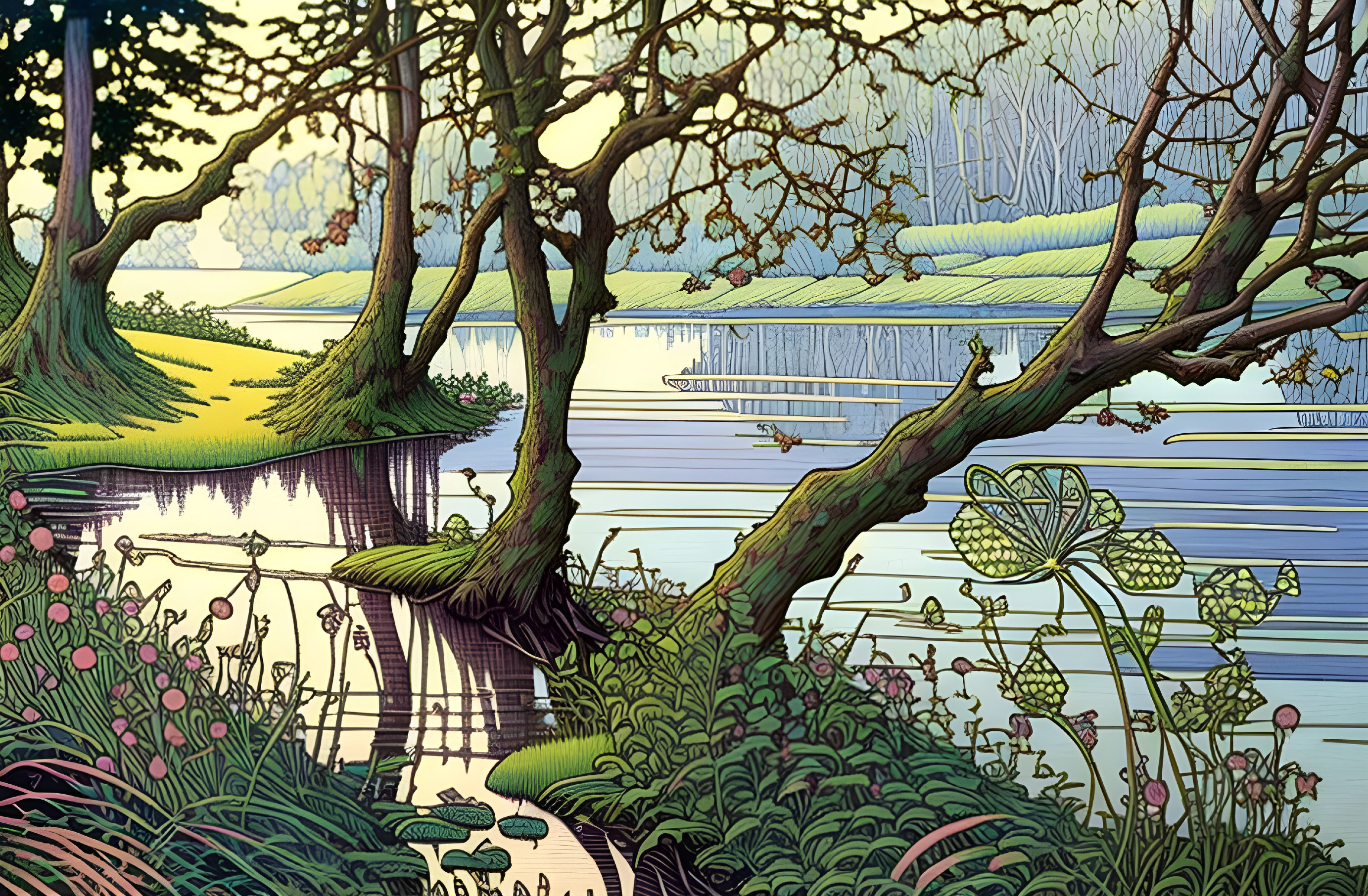 Tranquil lakeside scene with detailed foliage and reflective water