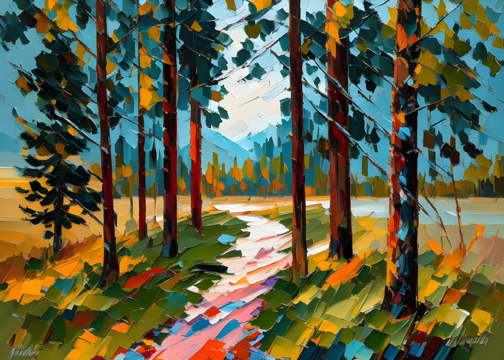 Colorful Impressionist Painting of Forest with Tall Trees and Path