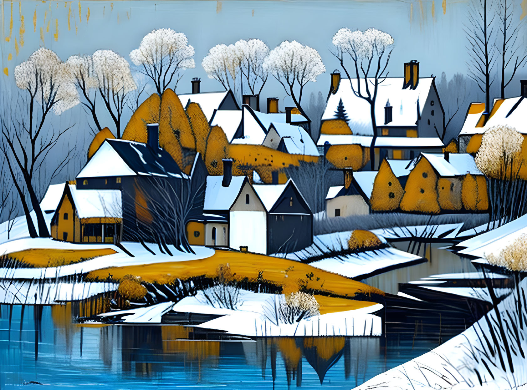 Winter Village Scene with Snow-Covered Houses and Frozen River