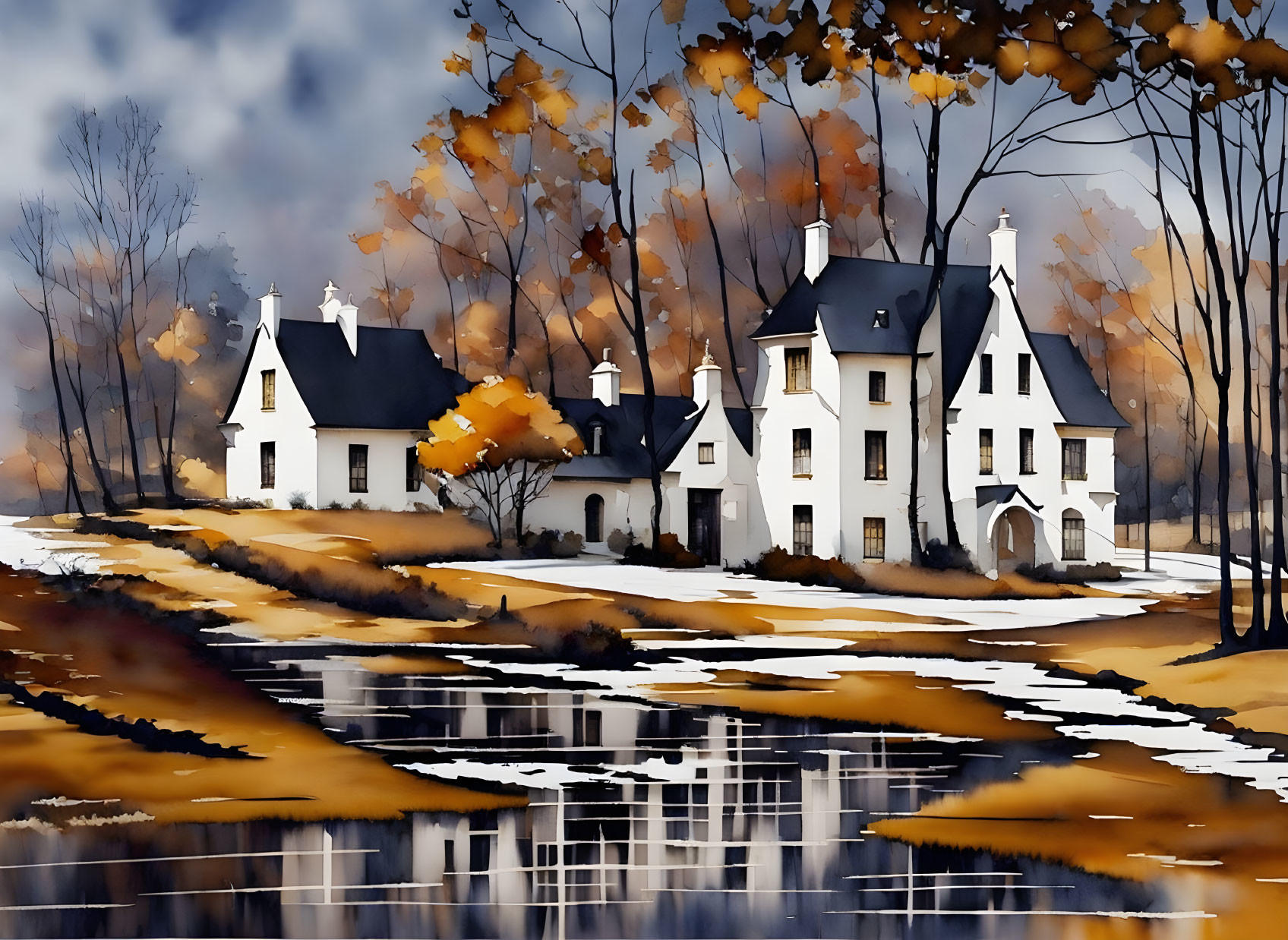 White Houses Surrounded by Autumn Foliage and Reflections in Still Water