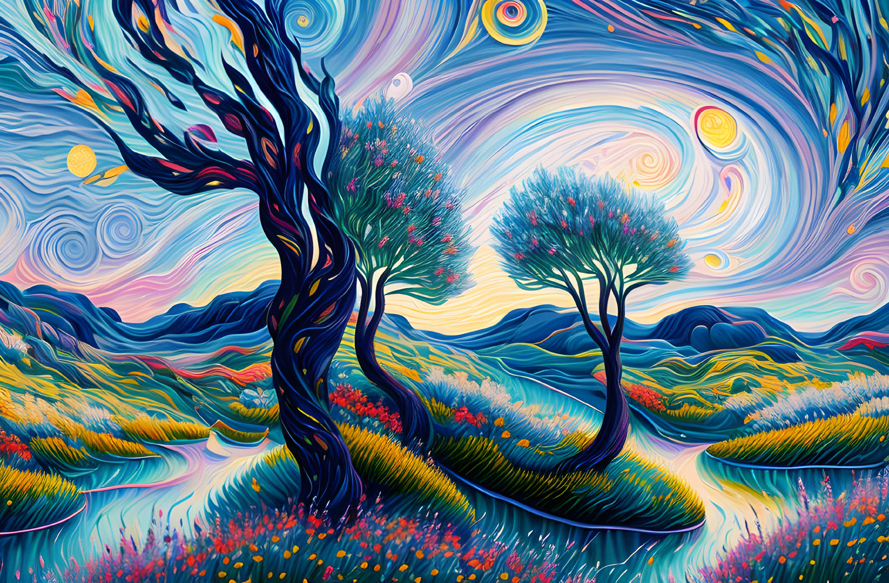 Colorful surreal landscape with swirling skies and stylized trees