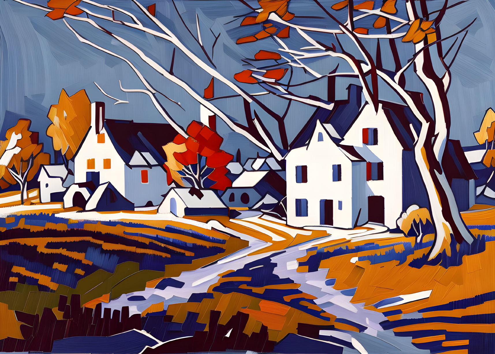 Vibrant painting of rural landscape with houses and trees