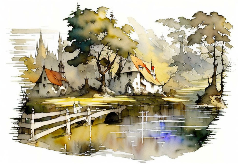 Quaint village watercolor painting with cottages, bridge, river, and trees