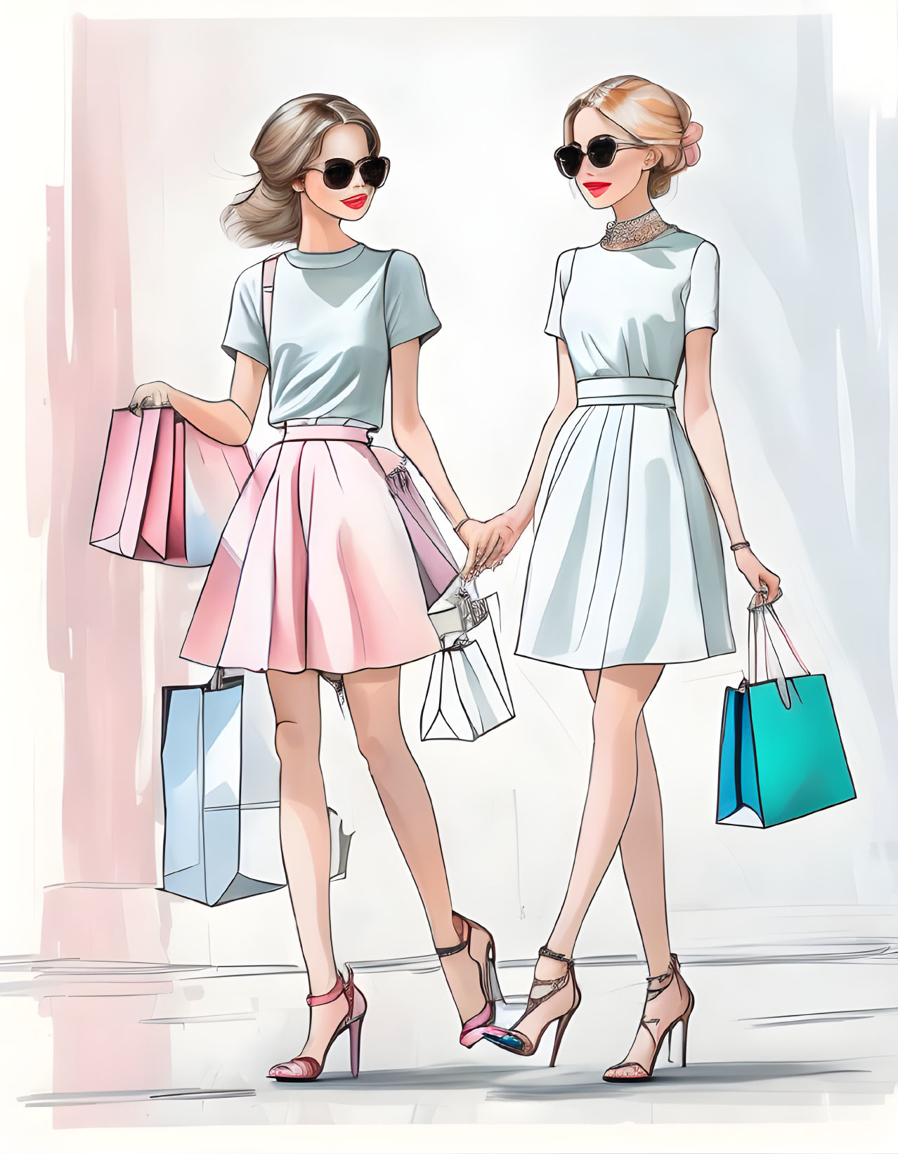 Fashionable Women Holding Hands with Shopping Bags in Modern Illustration