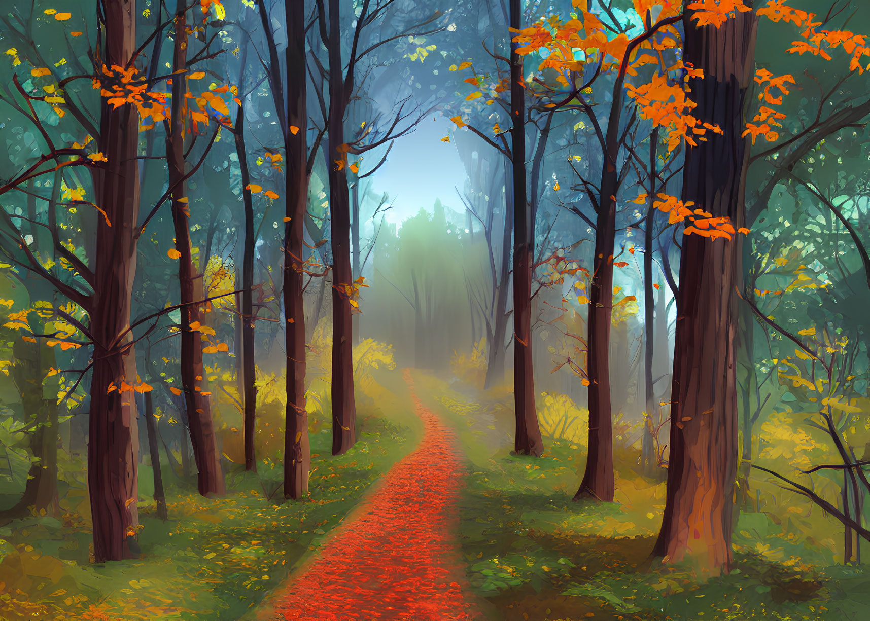 Tranquil Forest Path with Autumn Leaves and Misty Atmosphere