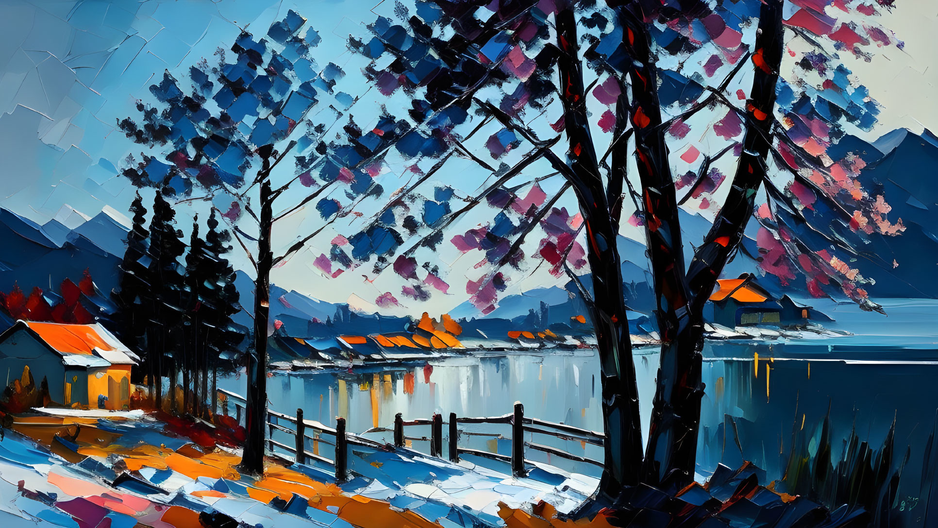 Serene lakeside painting with blooming trees and mountains