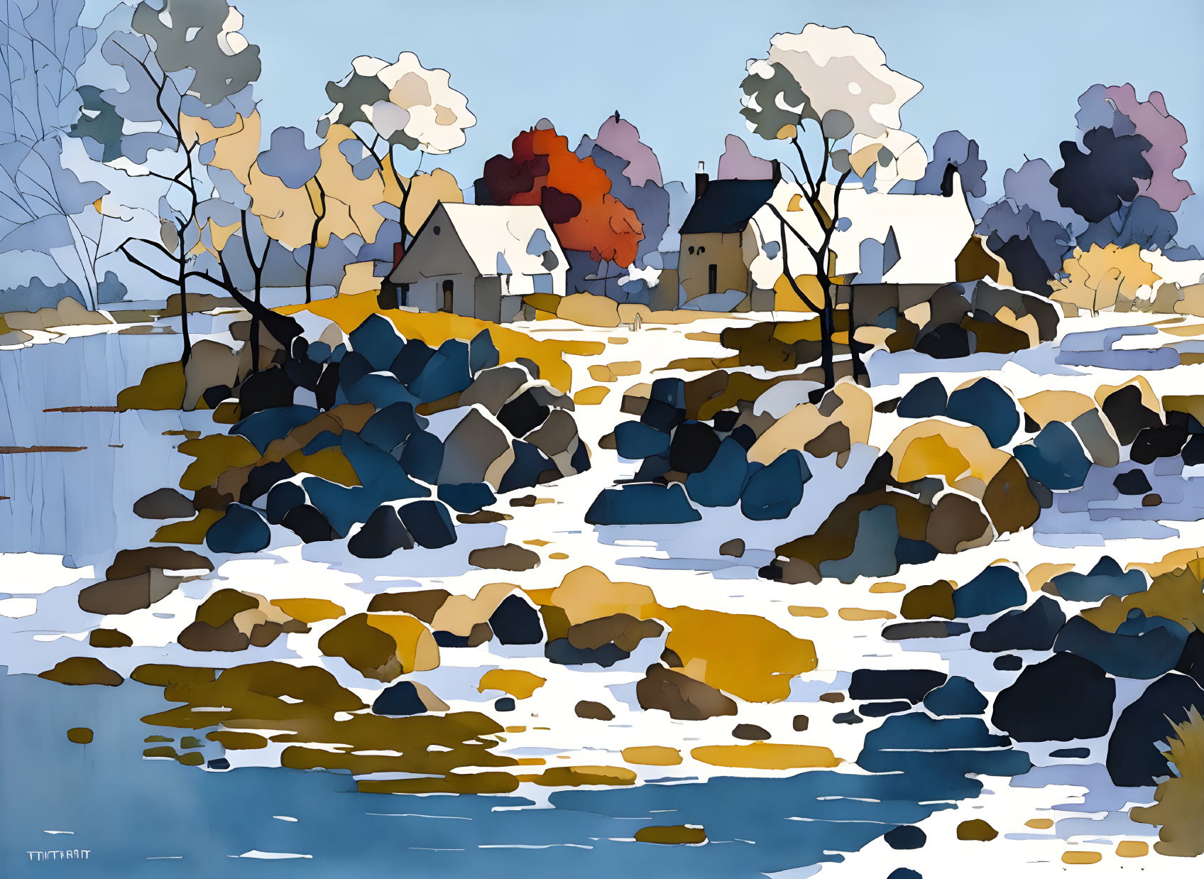 Winter scene painting with snow, stream, boulders, trees & houses