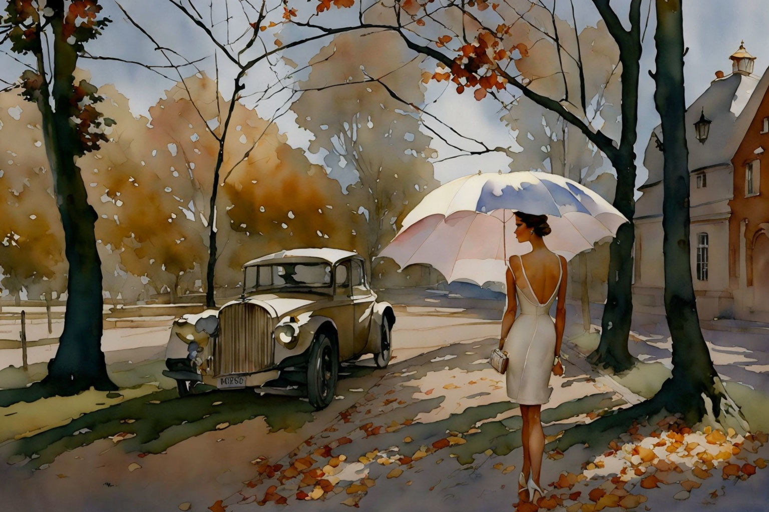 Woman in white dress with umbrella by vintage car on tree-lined autumn road