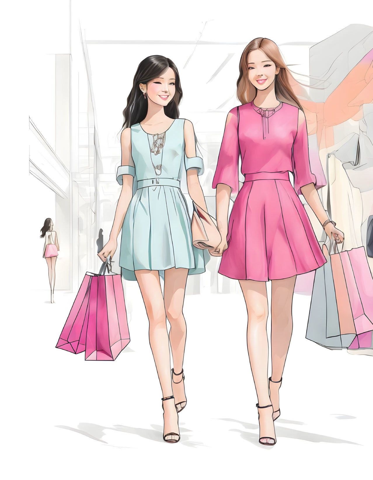 Two fashionable women with shopping bags in mall, dressed in summer attire