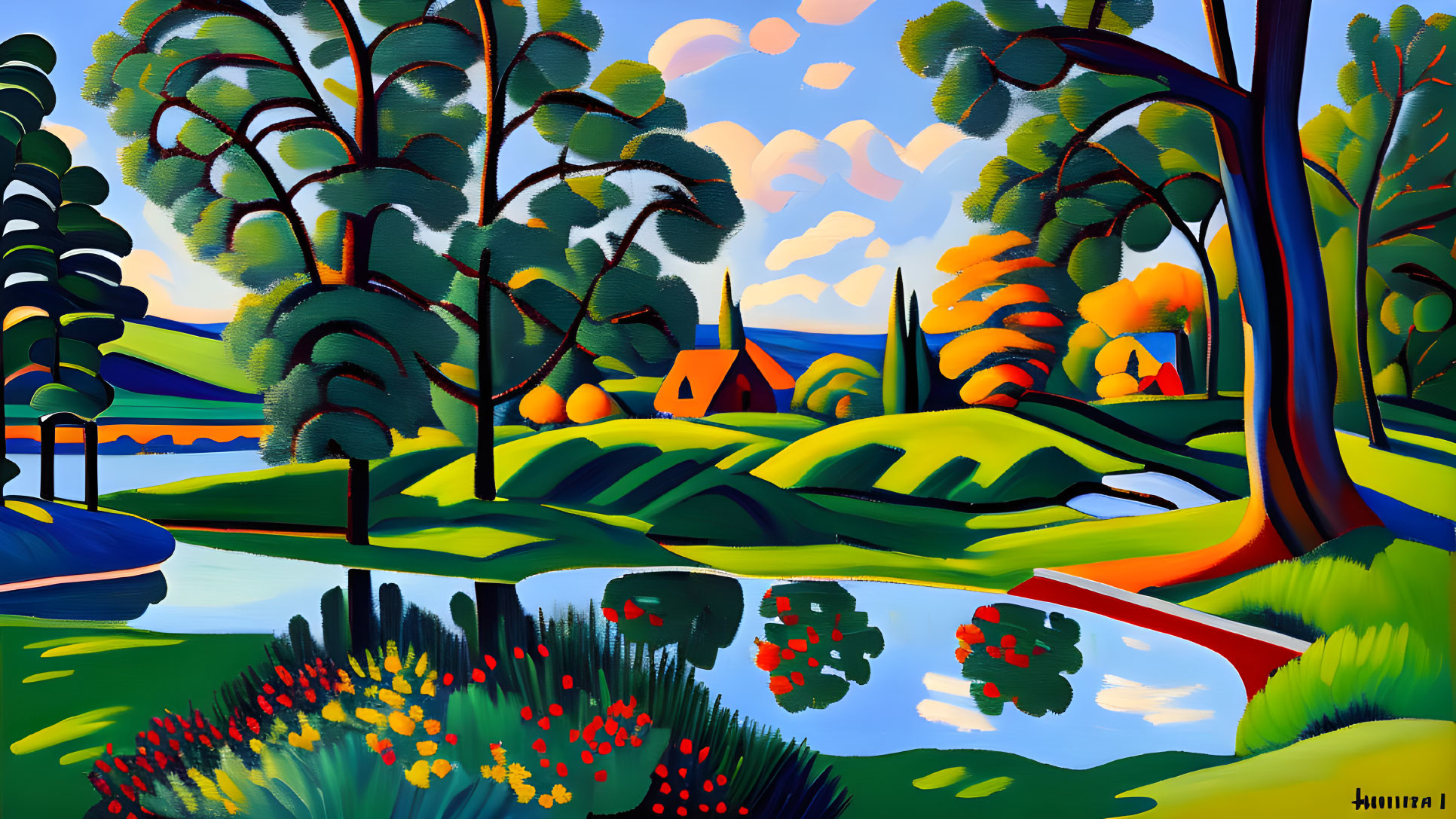 Colorful Landscape Painting: Trees, River, House, Reflection, Blue Sky