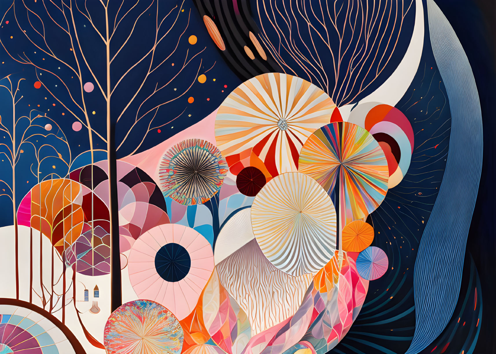 Colorful Abstract Digital Art: Stylized Trees & Whimsical Shapes