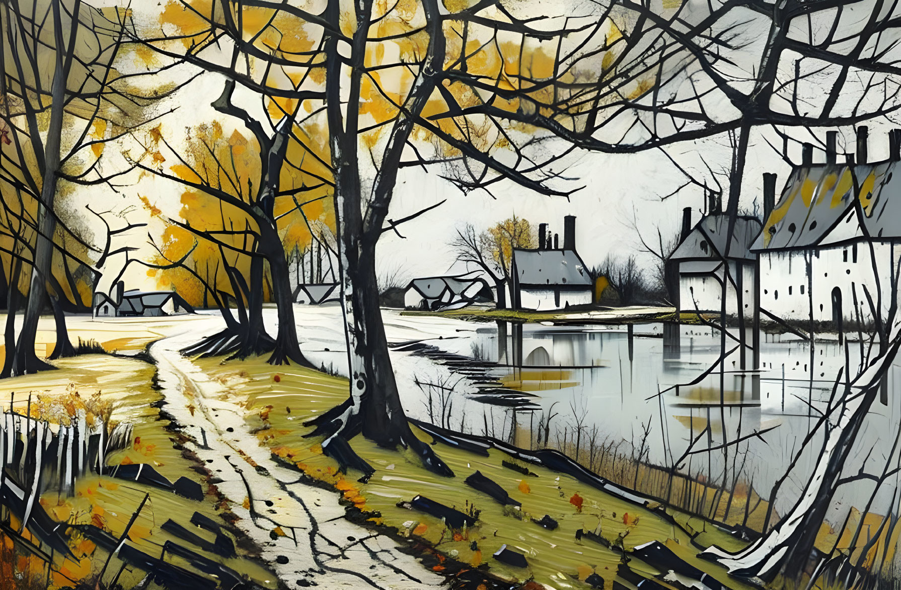 Autumn rural landscape with leafless trees, dirt path, traditional houses, and tranquil river under grey