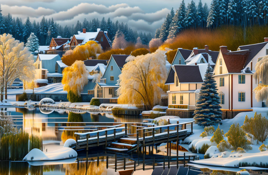 Snow-covered houses by a calm lake in a serene winter scene