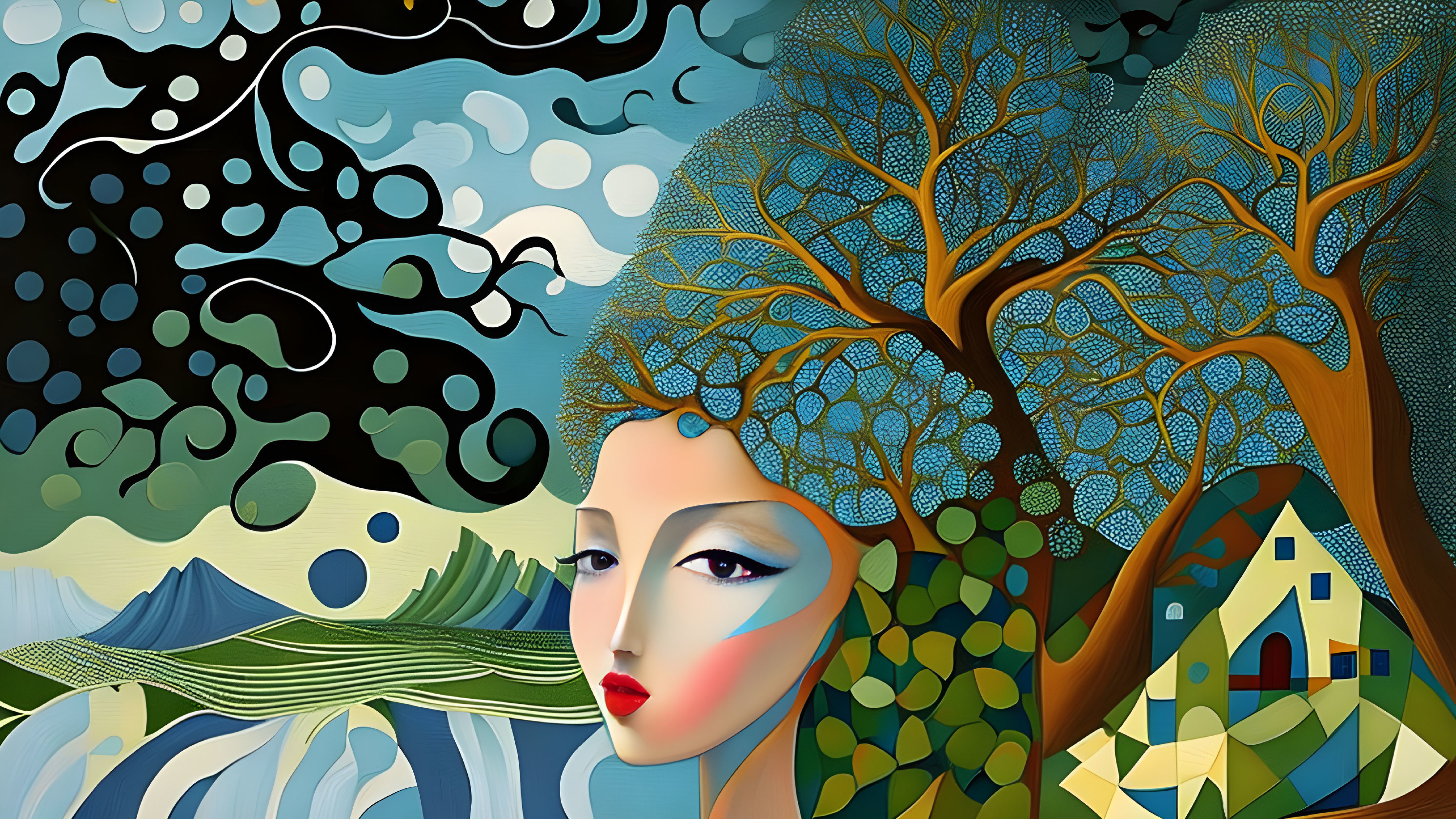 Vibrant artwork: woman's face merges with tree in abstract landscape