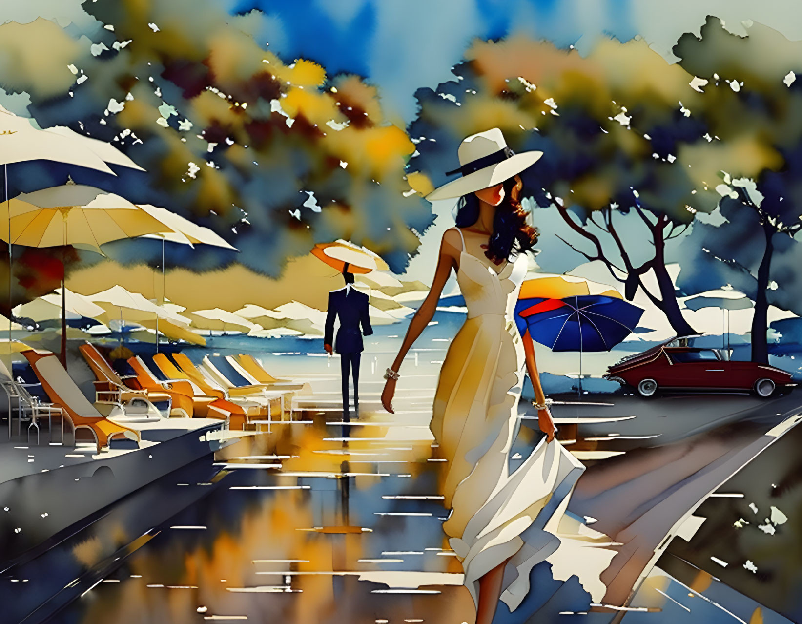 Vibrant painting of woman in yellow dress by pool with loungers