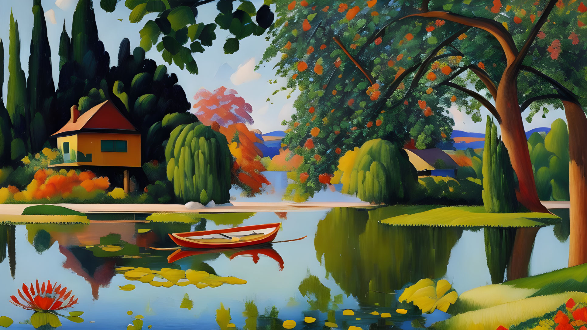 Tranquil landscape with calm lake, red boat, lush trees, vibrant vegetation, and quaint house