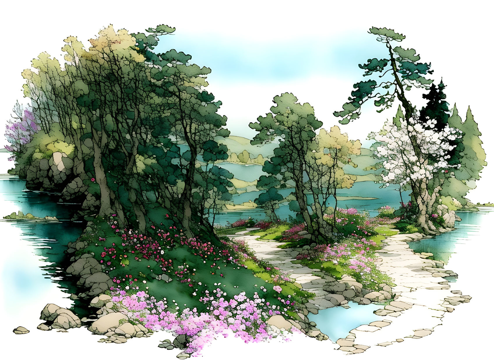 Tranquil watercolor illustration of serene garden with lush trees and calm pond