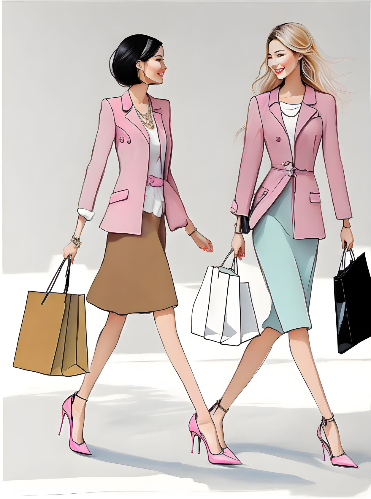 Two women in business casual attire walking with shopping bags.