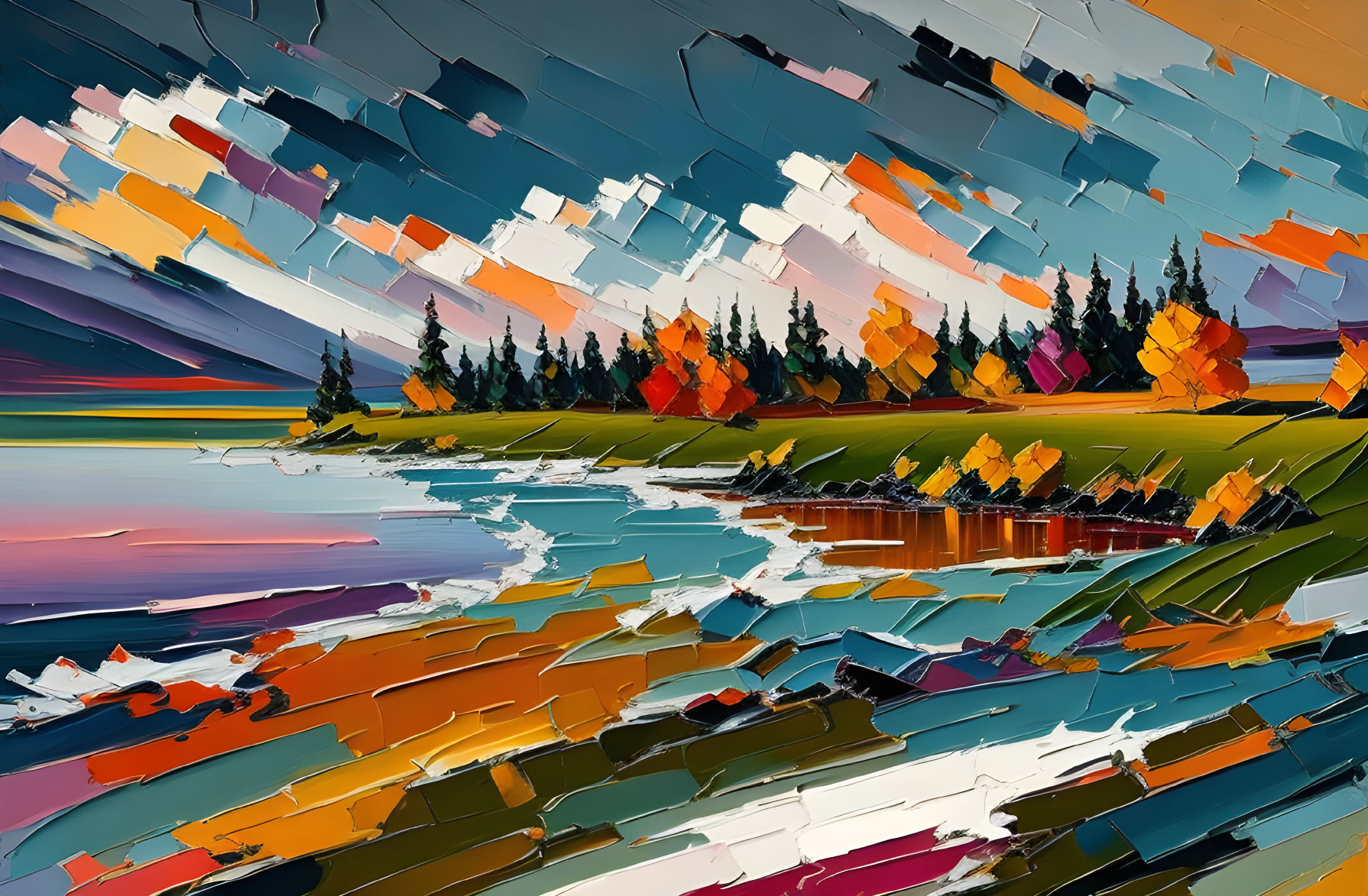 Vibrant landscape painting: Autumn trees by serene lake