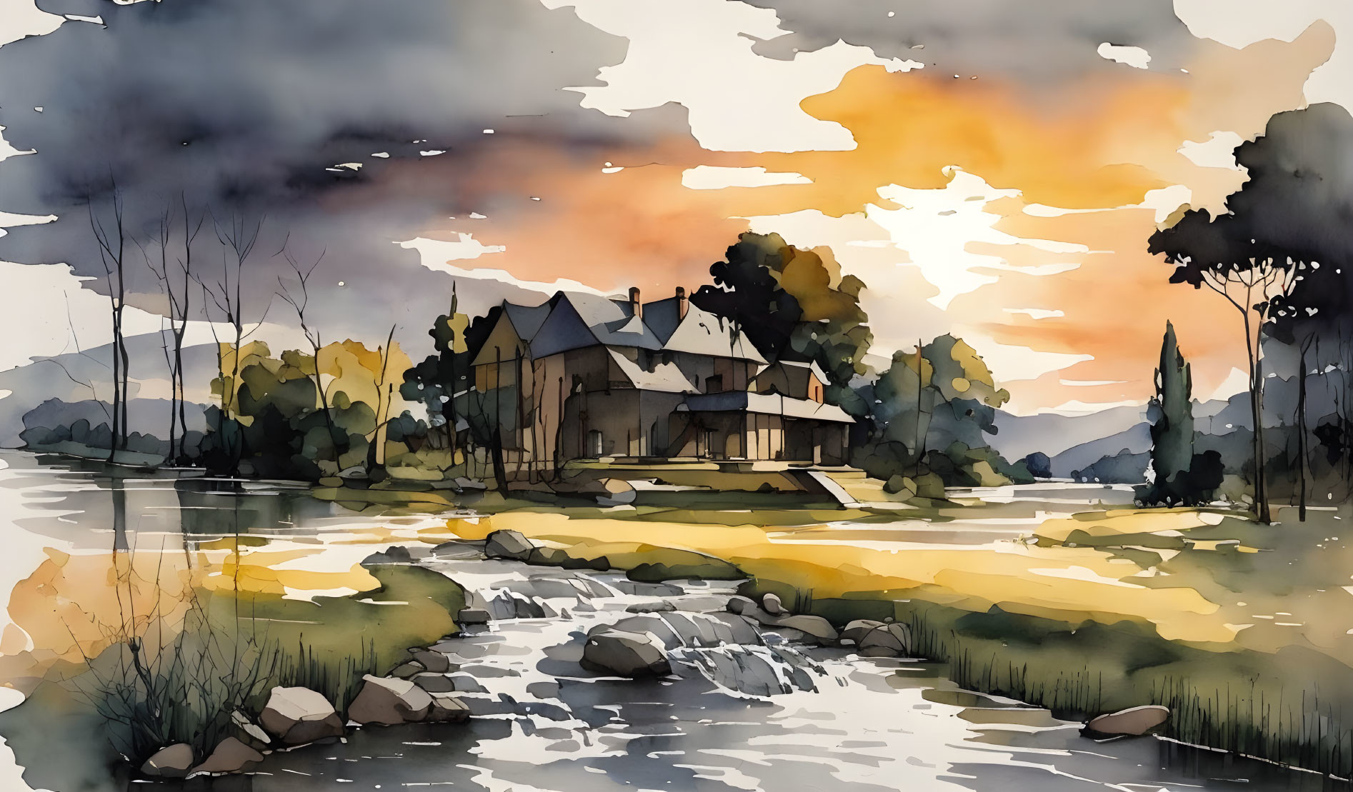 Serene landscape watercolor painting: house by river at sunset