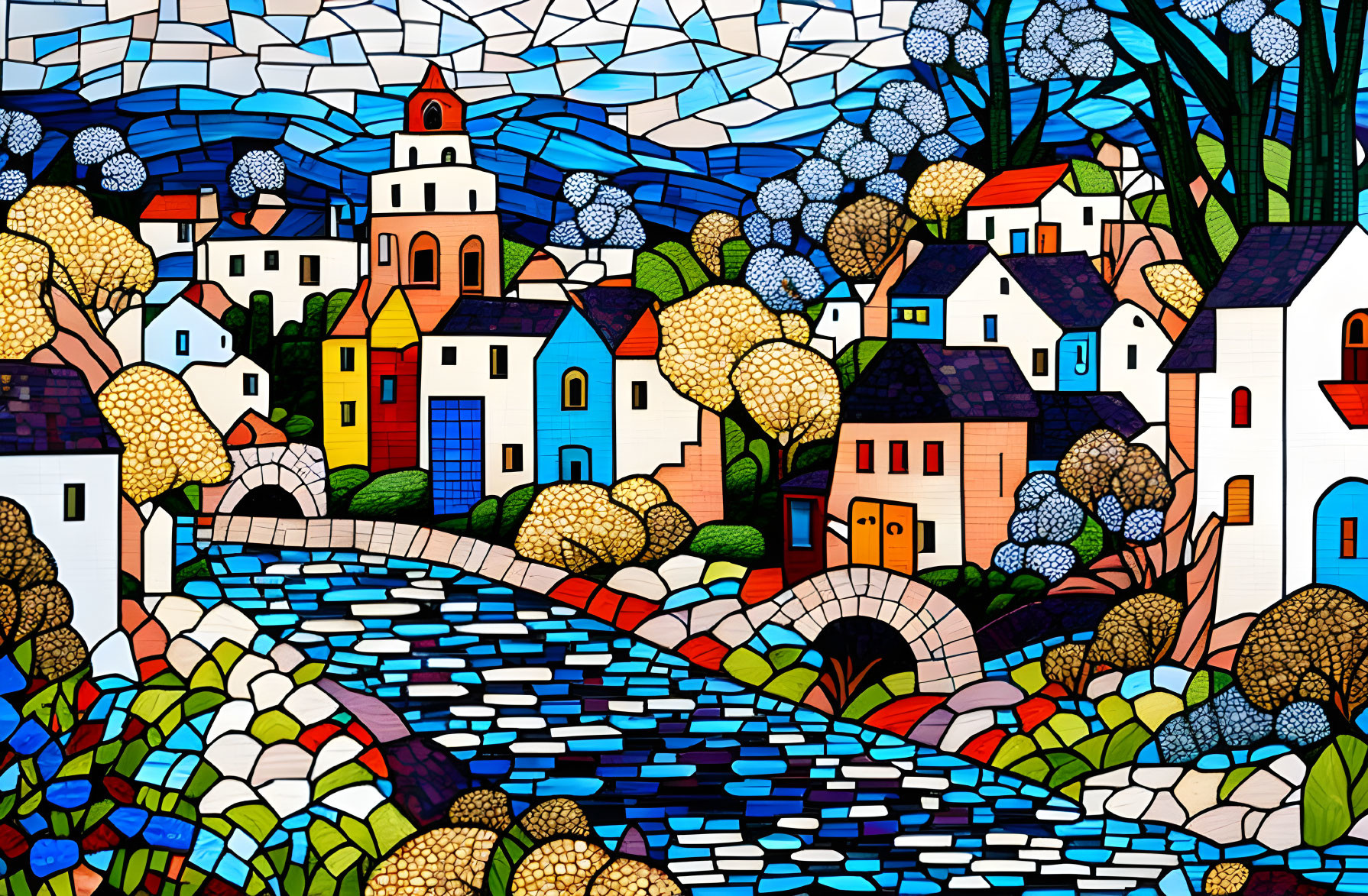 Colorful Stained Glass Illustration of Village with Church, Houses, River, Bridge, Trees,