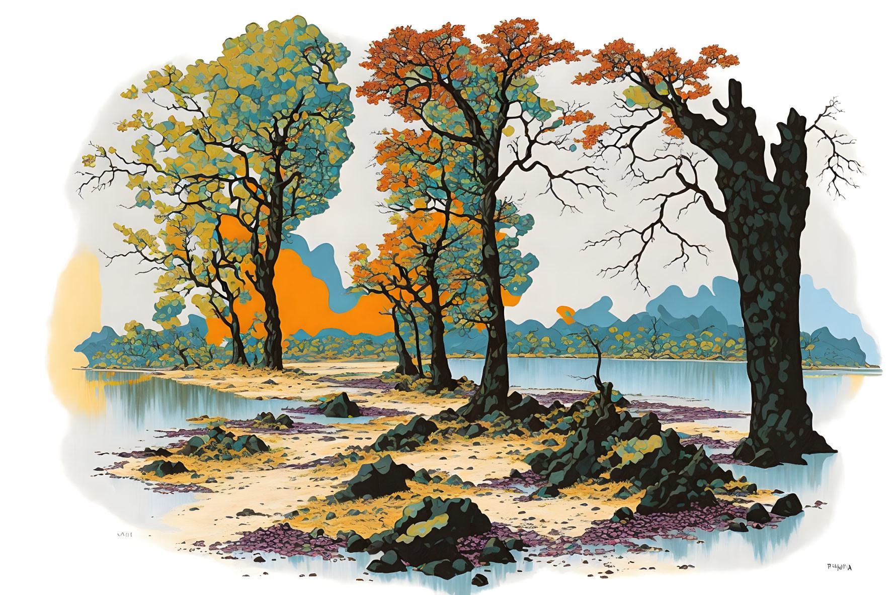 Colorful Trees & Calm Lake: Serene Landscape Illustration at Sunset