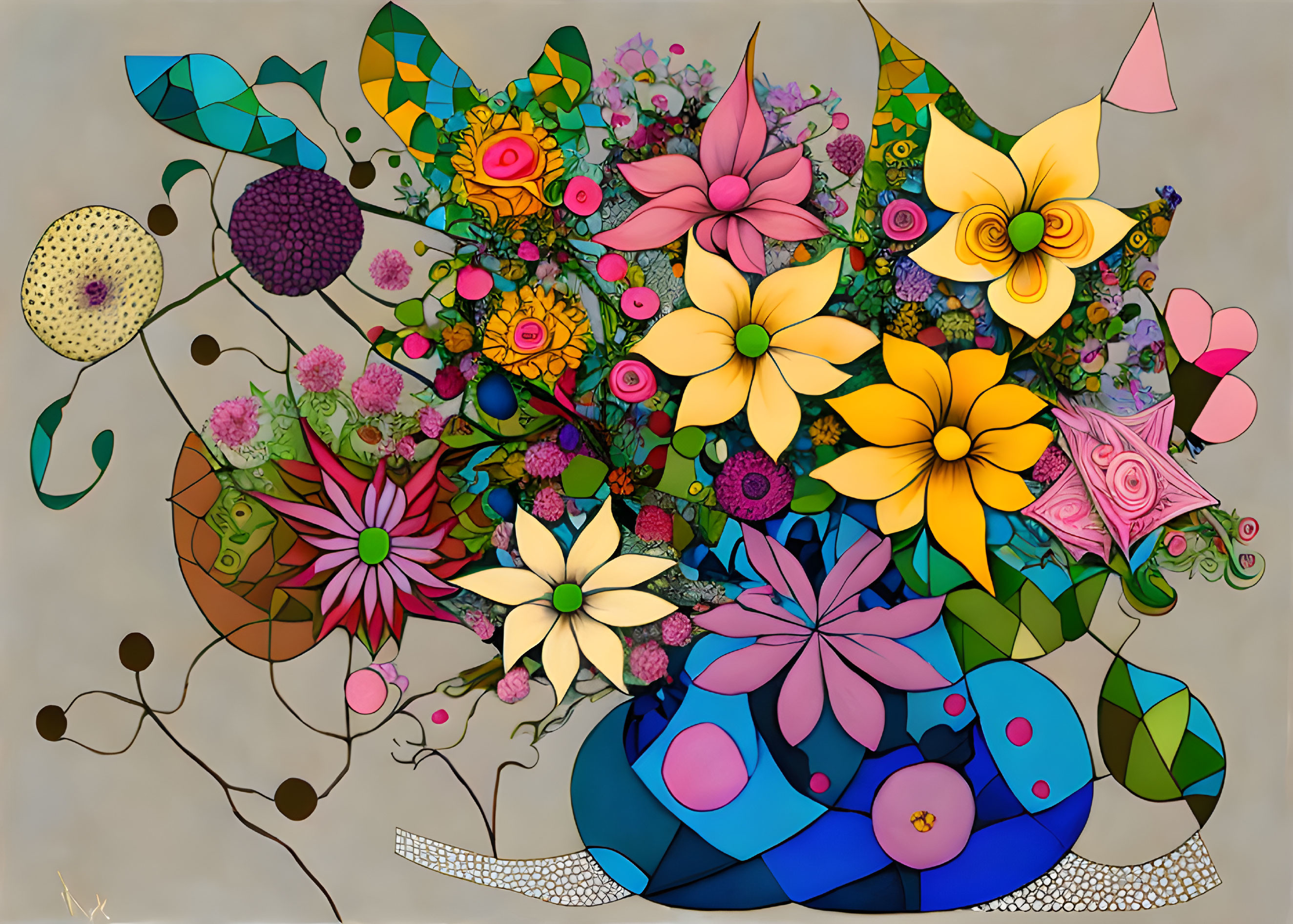 Colorful Digital Artwork Featuring Flowers and Geometric Shapes