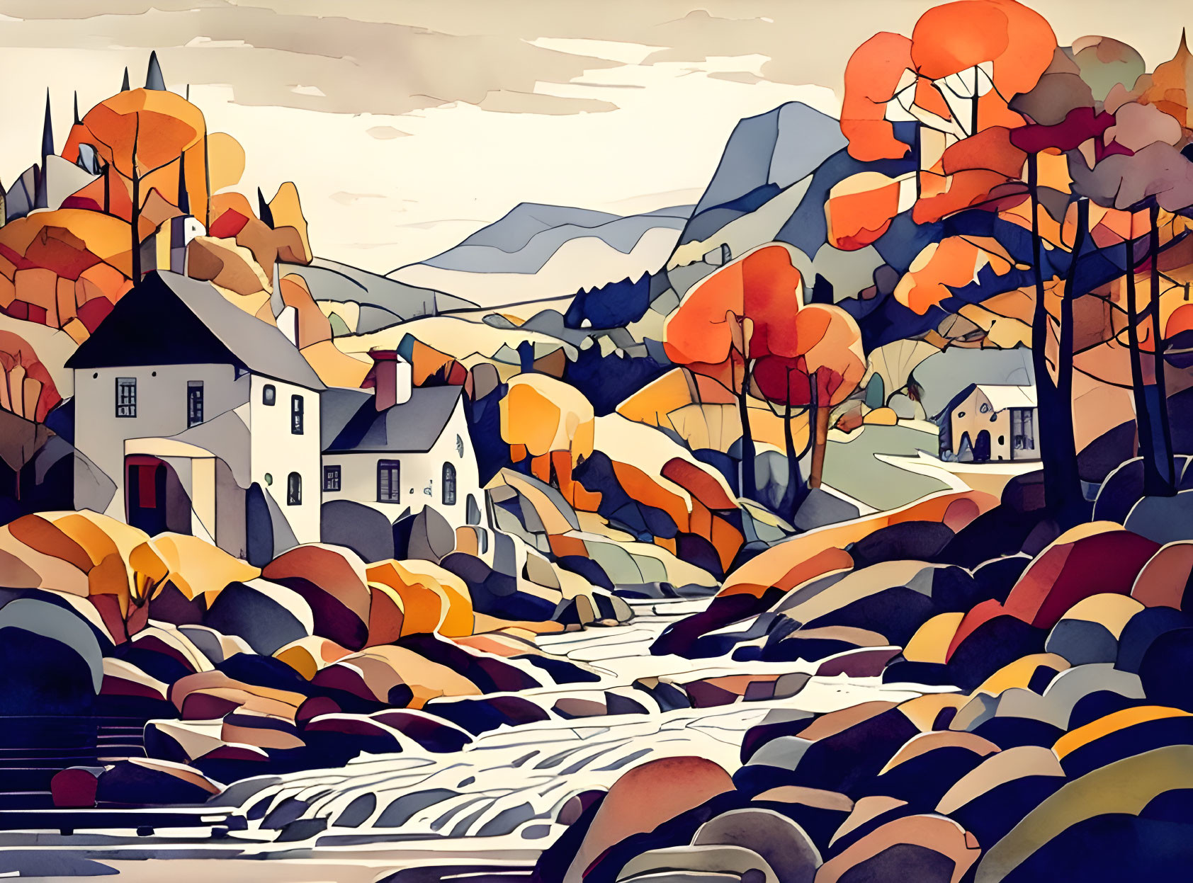 Idyllic village scene with autumnal trees and river