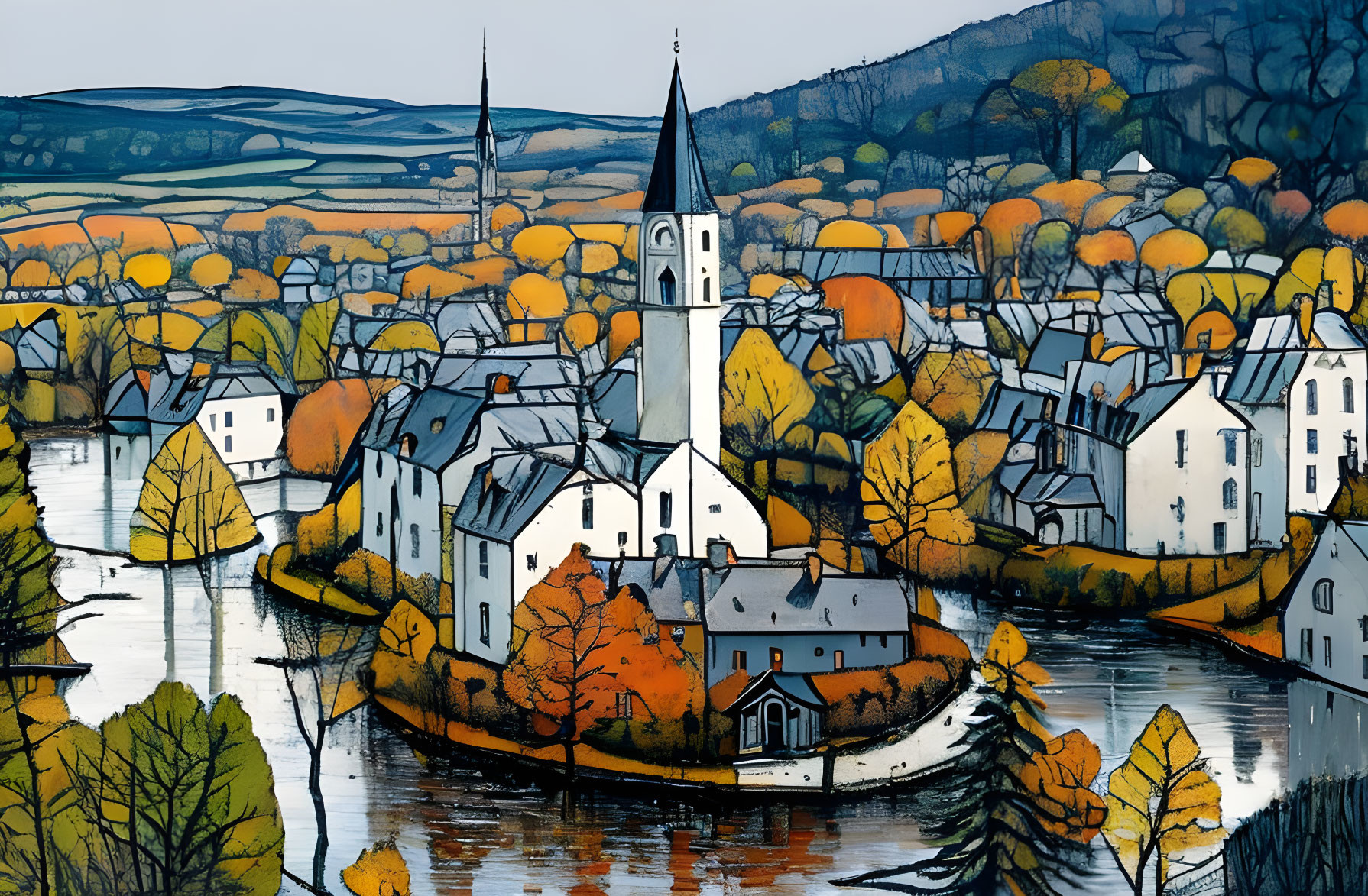 Scenic village with white houses and church spires amid autumn trees and river.