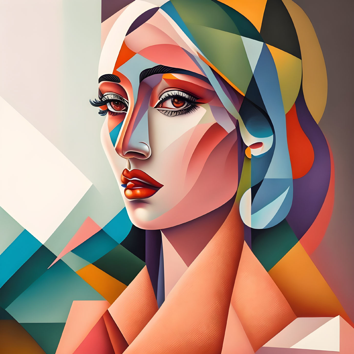 Geometric colorful portrait of a woman in modern digital art style