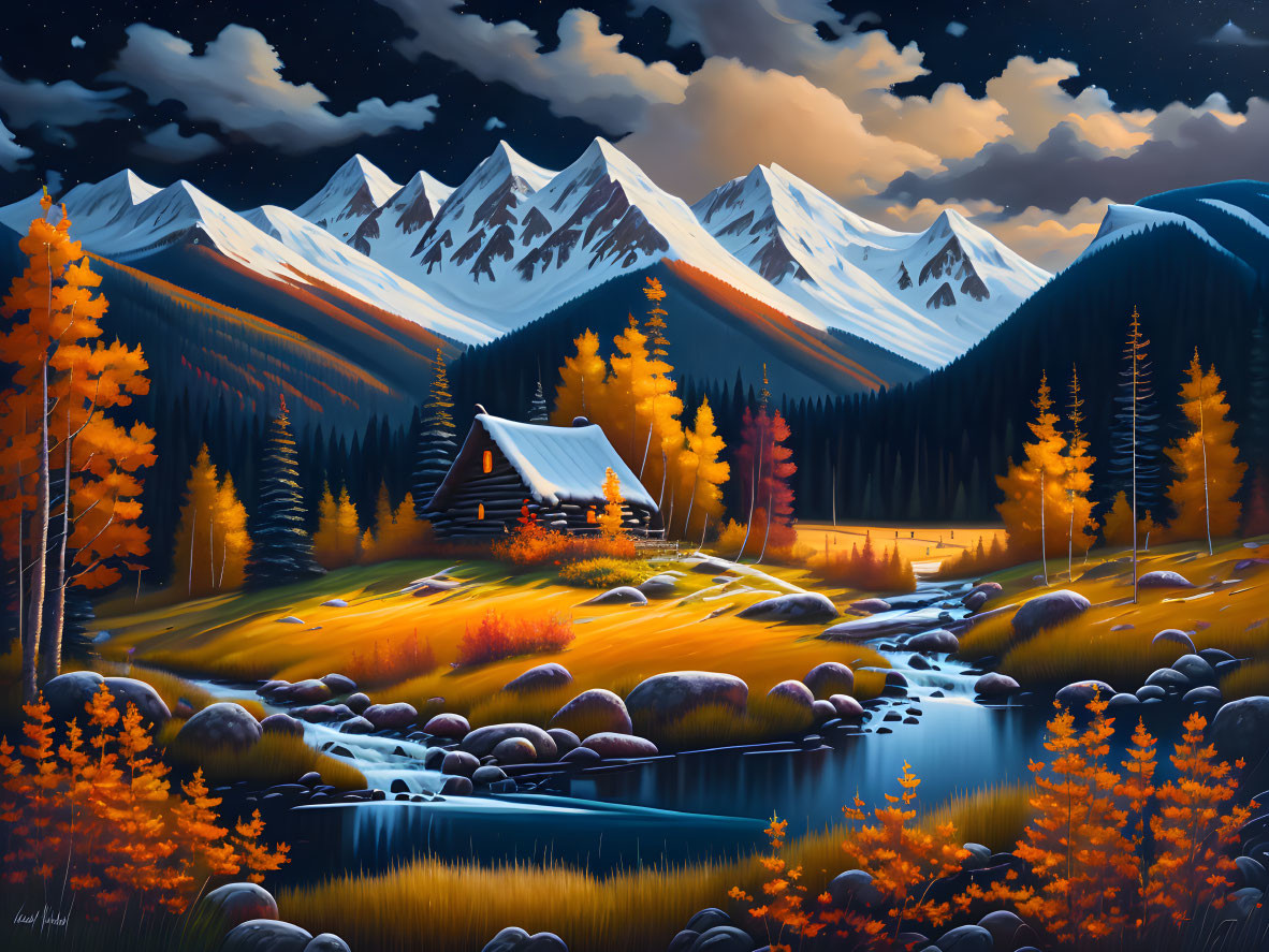 Tranquil autumn cabin by river with orange trees and snow-capped mountains