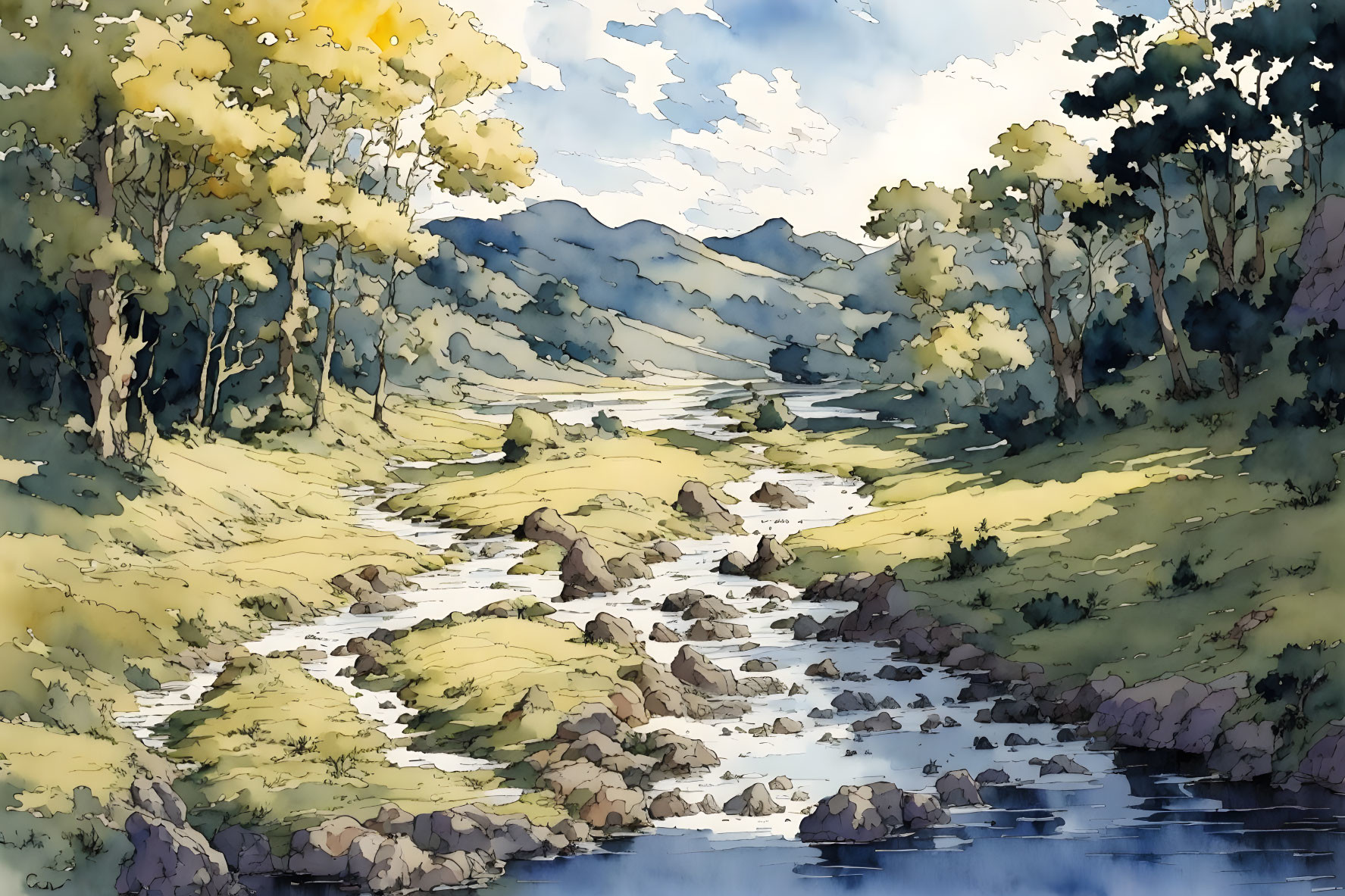 Tranquil watercolor painting of serene landscape with stream, hills, trees