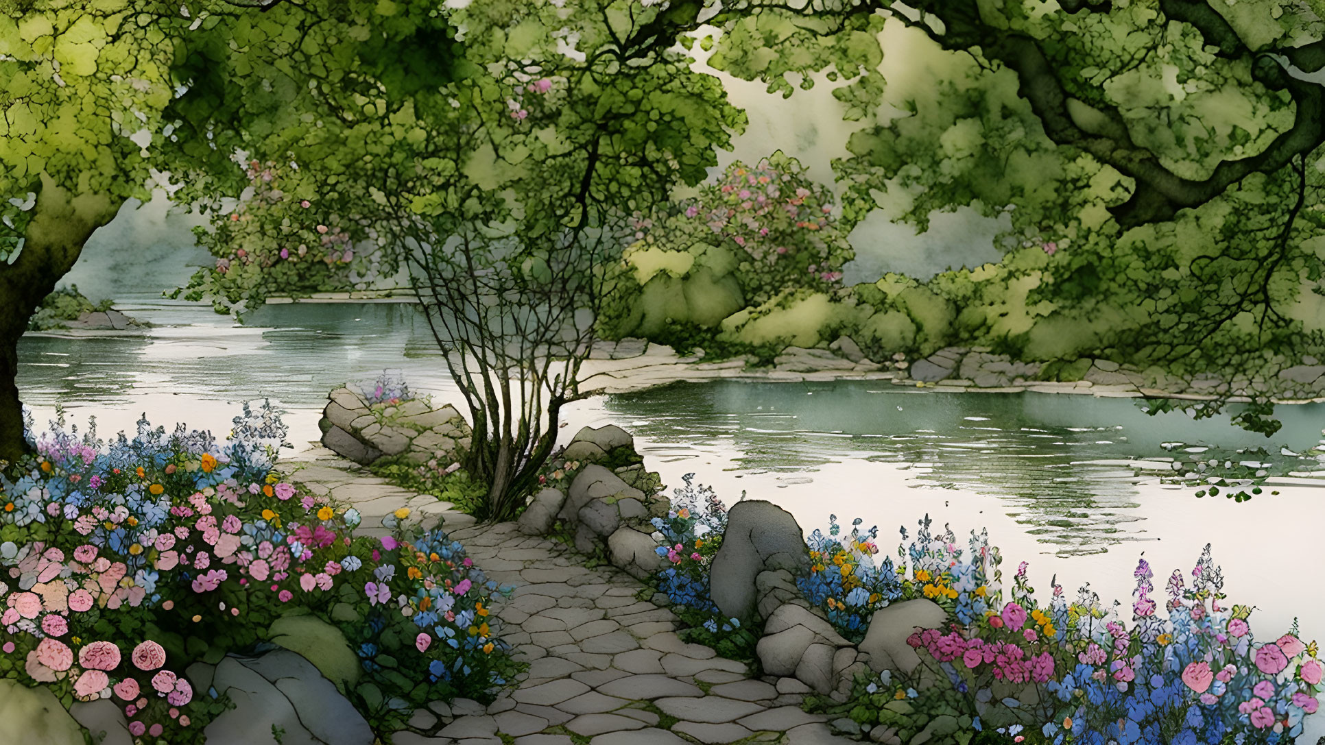 Tranquil watercolor garden path with colorful flowers and serene pond