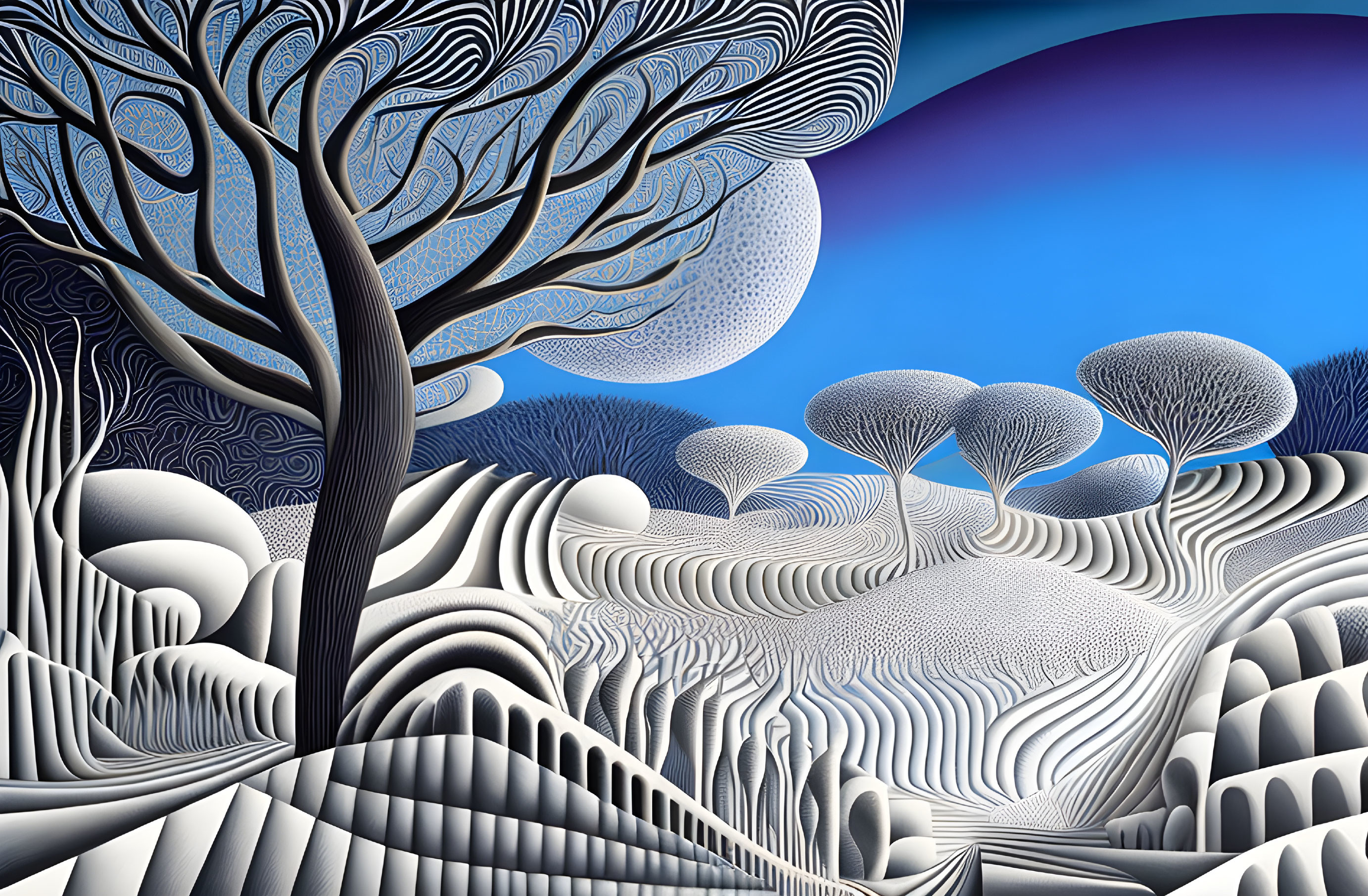 Surreal landscape with wavy striped hills and stylized trees