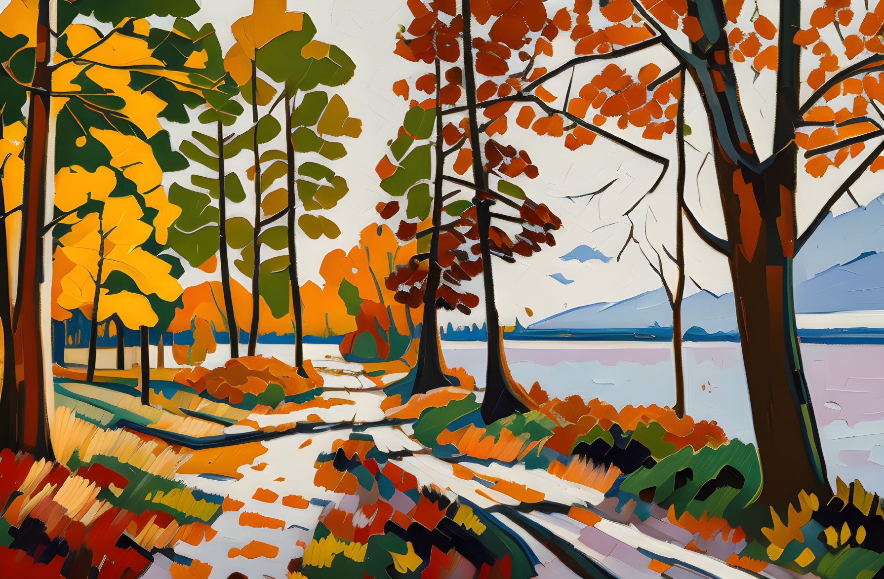 Colorful geometric forest painting with autumn theme and lake view