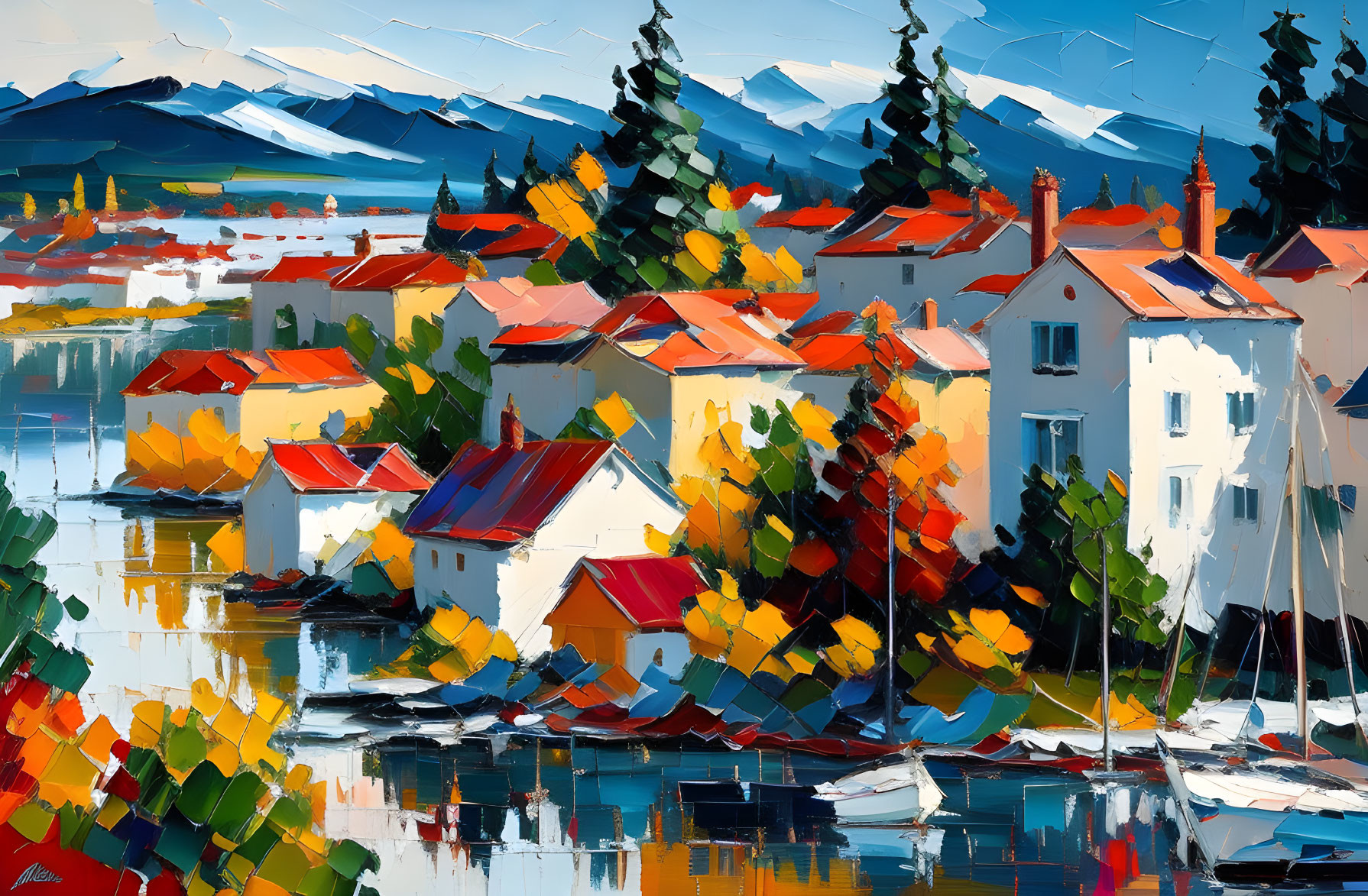 Vibrant waterfront village painting with colorful trees, houses, boats, and mountains