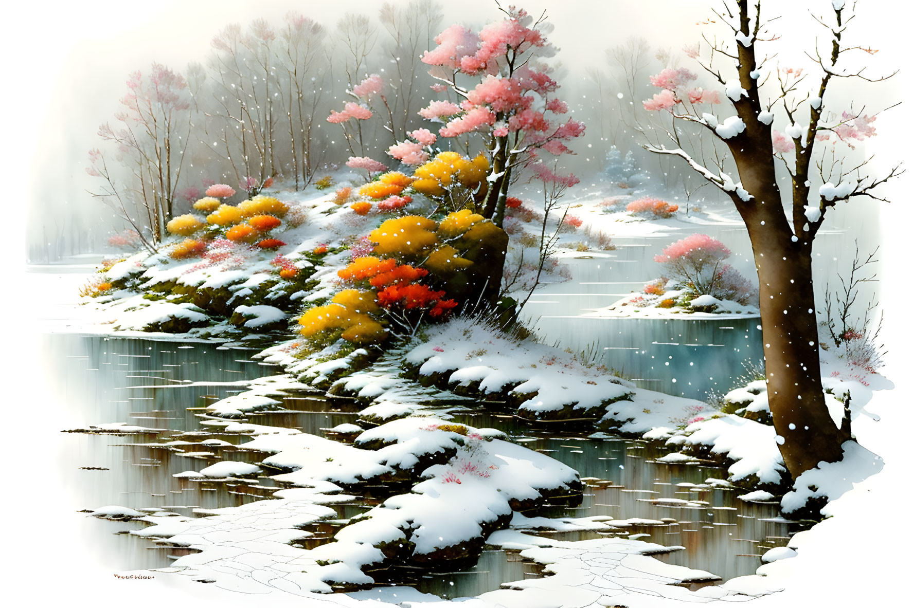 Snow-covered winter landscape with flowering shrubs, bare trees, and reflective water.