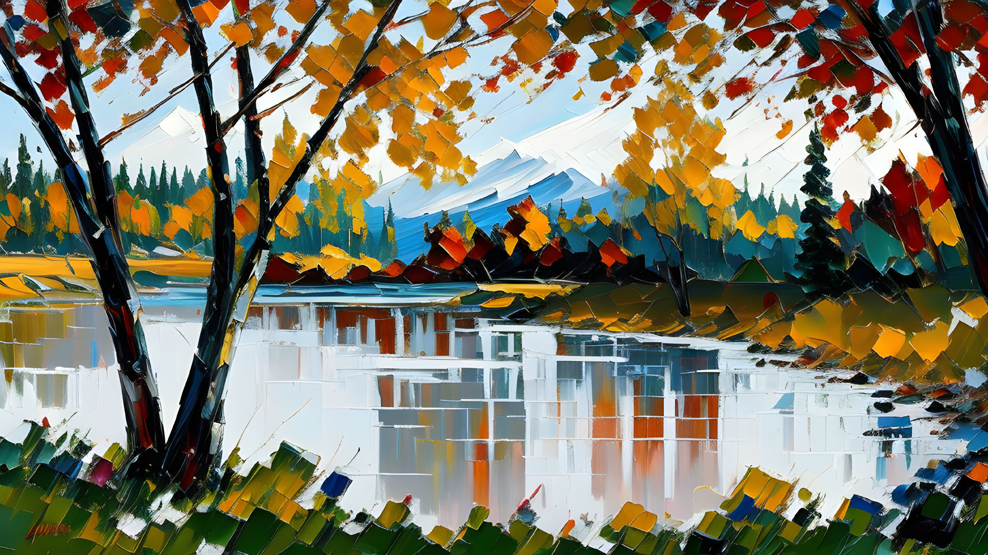 Colorful autumn landscape painting with palette knife technique: warm foliage, serene lake, distant mountains, water