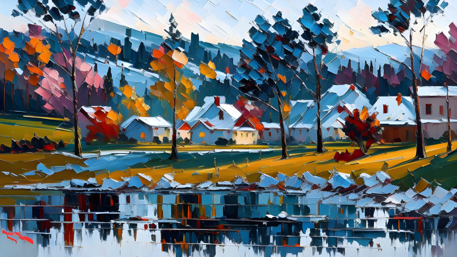 Vibrant impressionistic painting of houses by water with autumn trees.