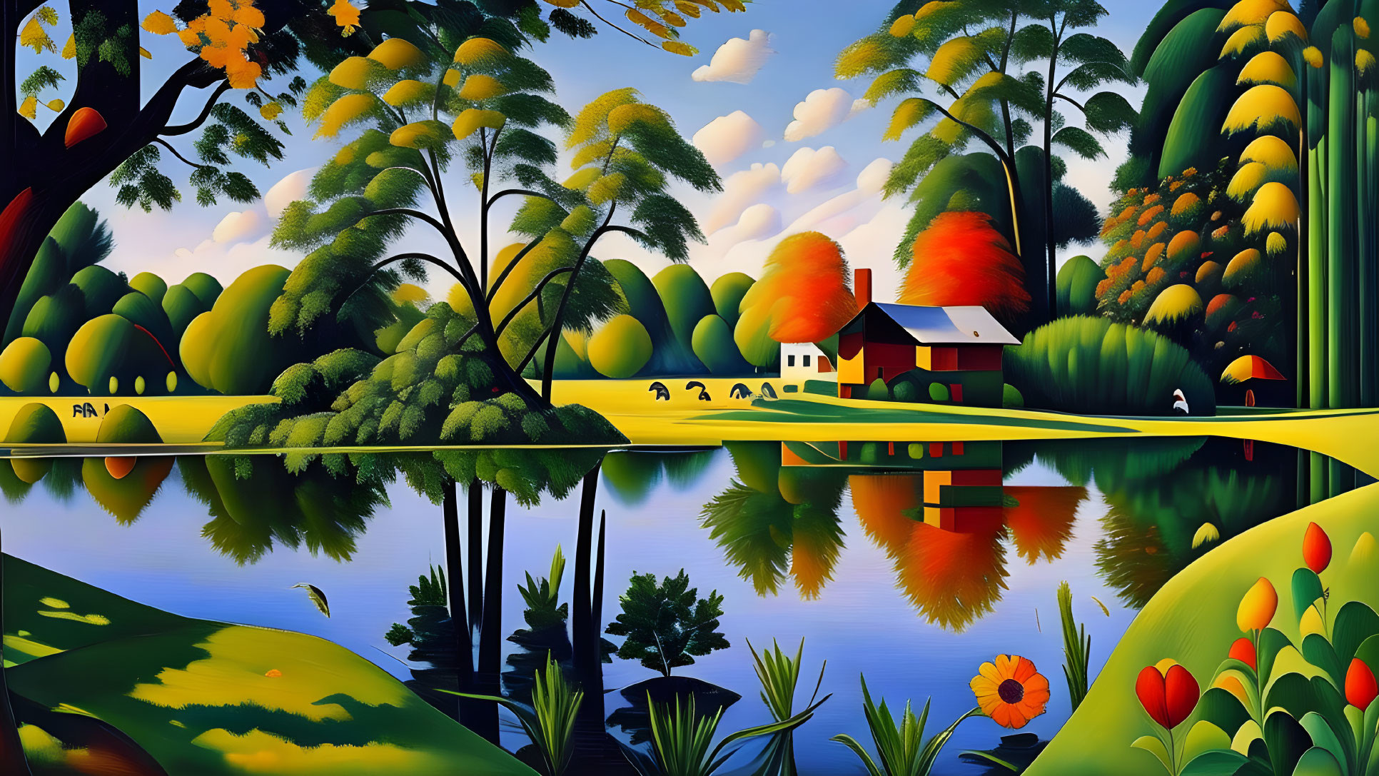 Colorful landscape painting with red-roofed house, reflective lake, lush greenery, trees,