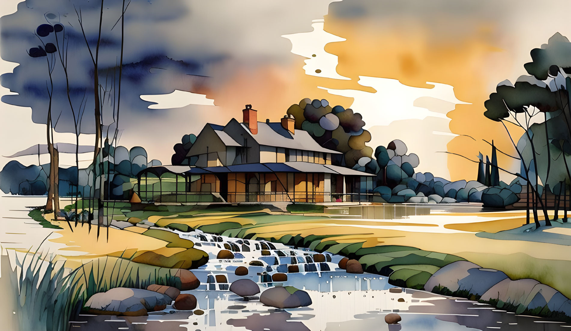 Serene landscape illustration with stream, house, trees, and sunset