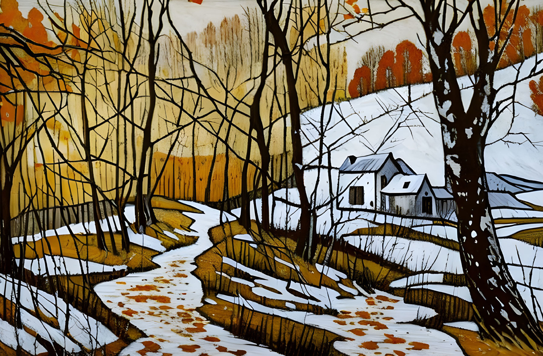 Stylized rural winter painting with snow-covered path and small houses