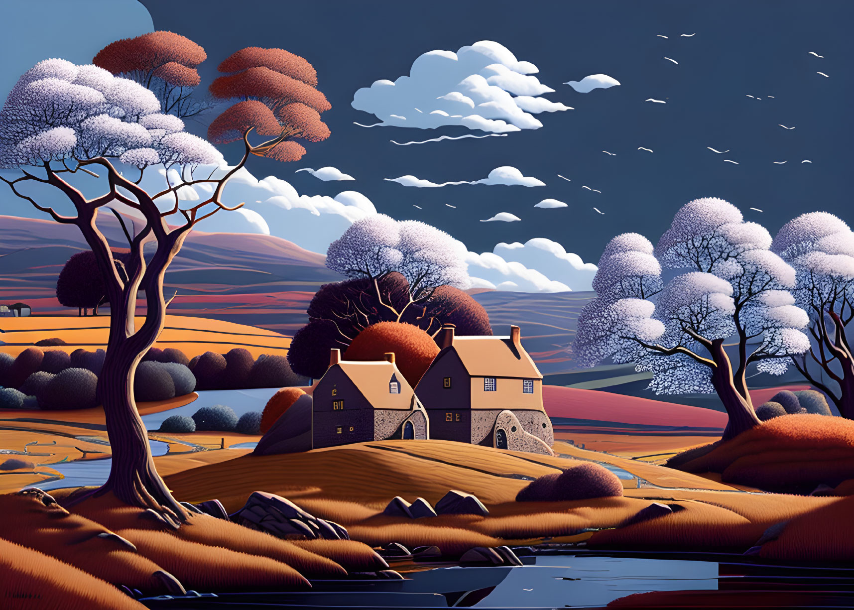 Stylized countryside scene with stone house, rolling hills, purple trees, vibrant sky