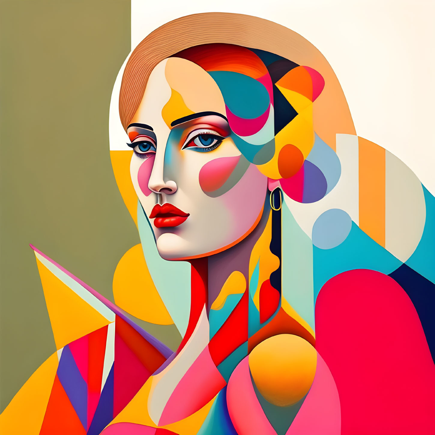 Vibrant geometric portrait of a stylized woman with abstract shapes on split beige and green background