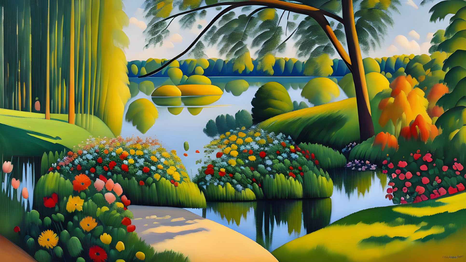 Colorful Landscape Painting with Lush Vegetation, Serene Lake, and Whimsical Trees