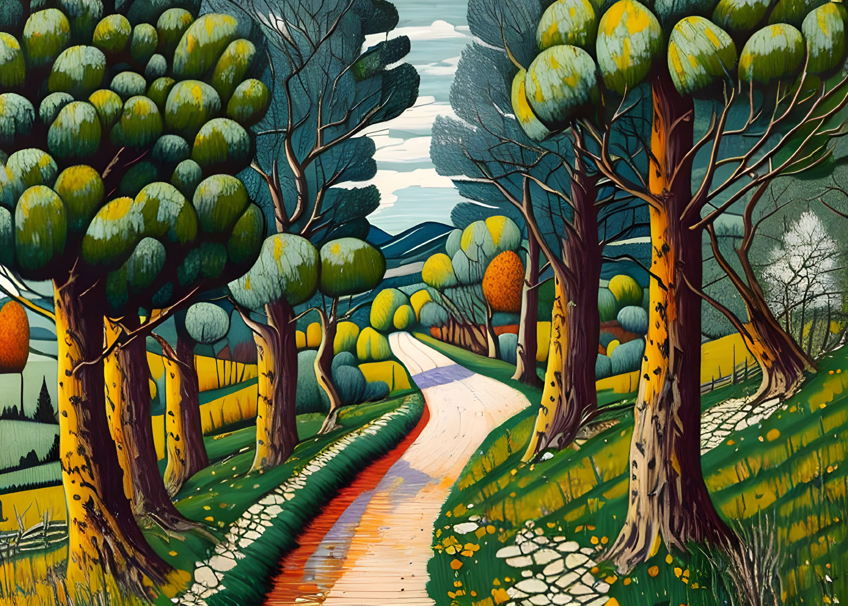 Colorful landscape painting with forest path, lush trees, and distant hills