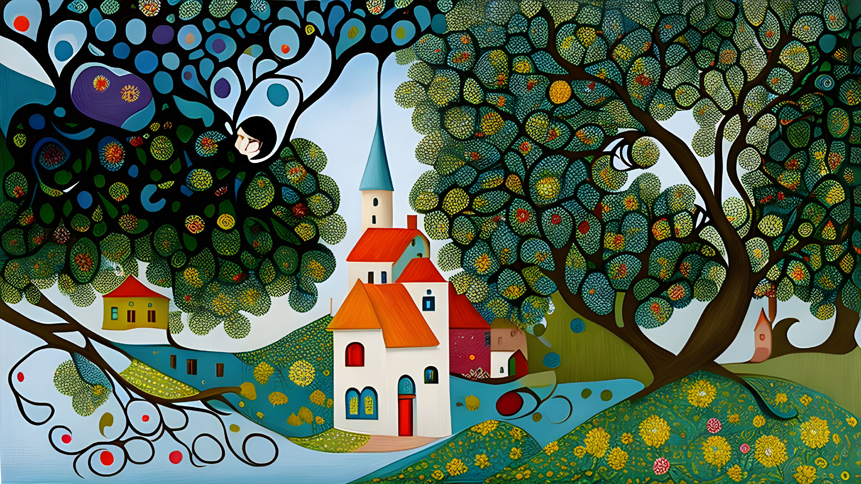 Colorful village illustration with rolling hills, intricate trees, church, and playful character.